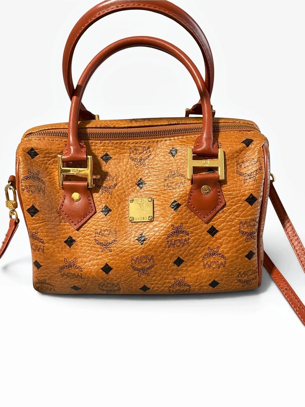 MCM Visetos Monogram Boston Bag Cognac